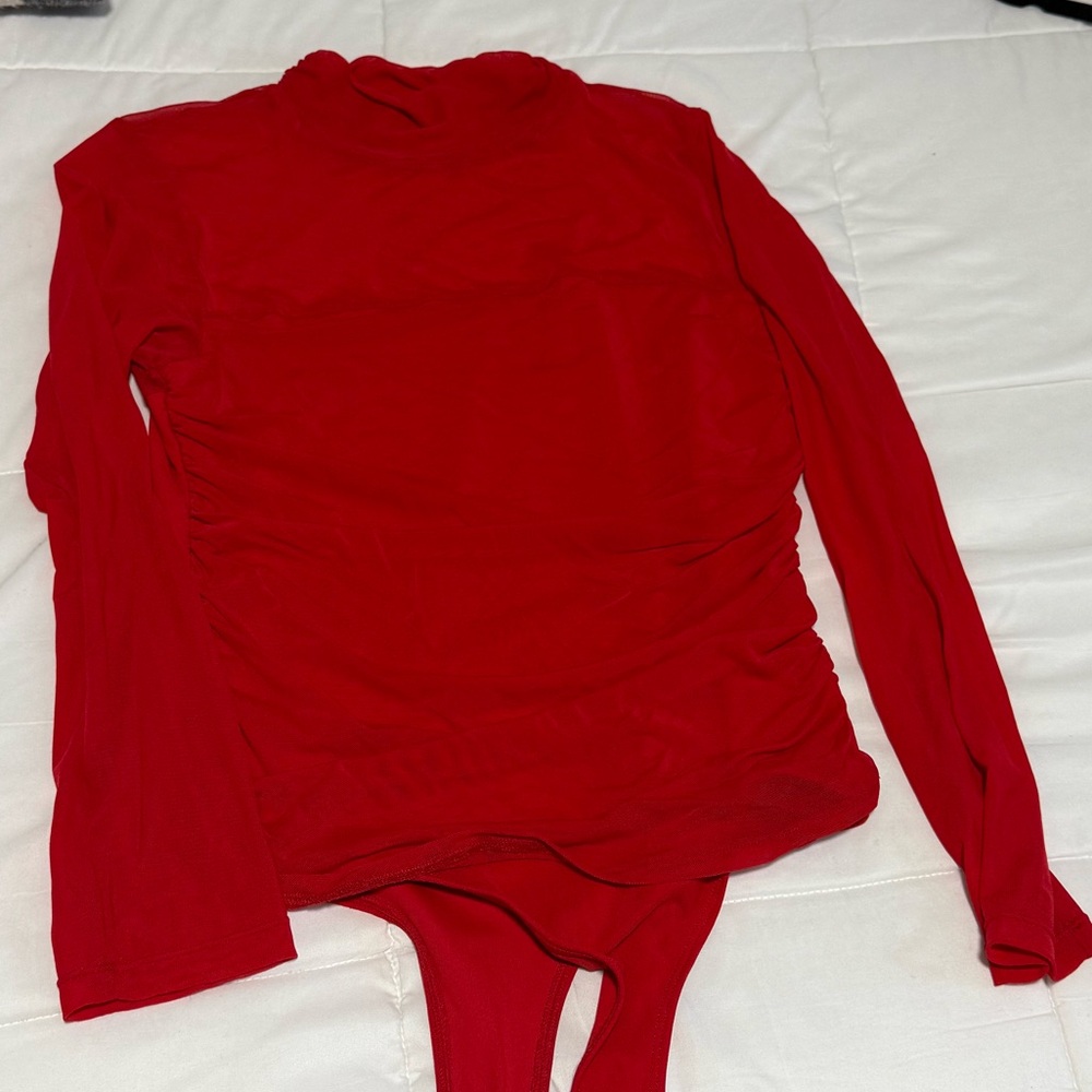 Vibrant Red Mesh top Long Sleeve Bodysuit